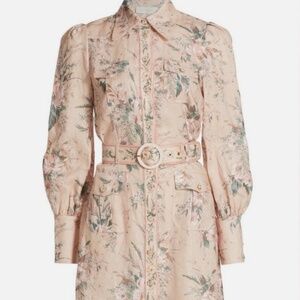 Zimmermann Moonshine Bottom down Linen Belted long sleeve Floral Dress Size US 6